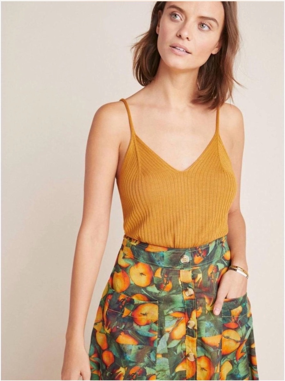 Anthropologie Ribbed V-Neck Cami Tank Top in Mustard Size XS